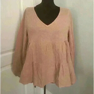 BiBi Women’s Small‎ Peach Crepe V Neck Long Sleeve Babydoll Ruffled Swing Blouse